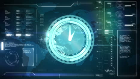 animación del reloj moviéndose rápido y procesamiento de datos sobre la pantalla