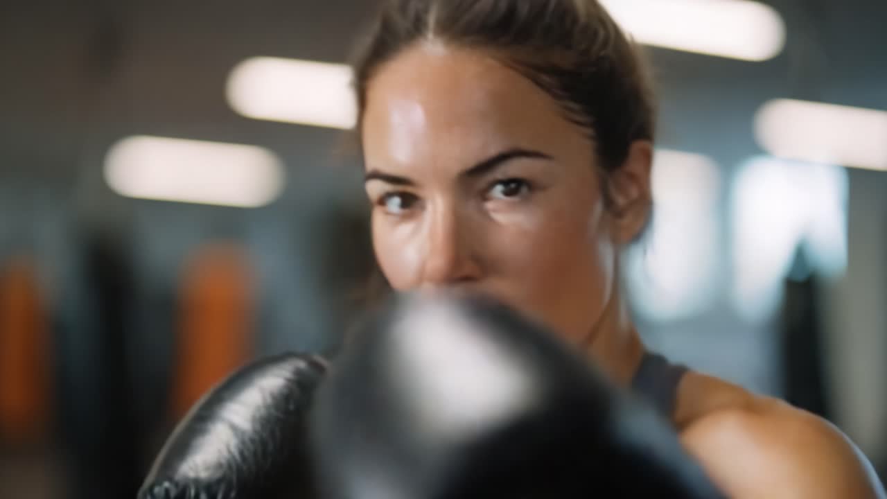 Pugile concentrato che mostra intensità e determinazione durante l'allenamento, incarnando lo spirito di resilienza e forza in un ambiente stimolante come la palestra