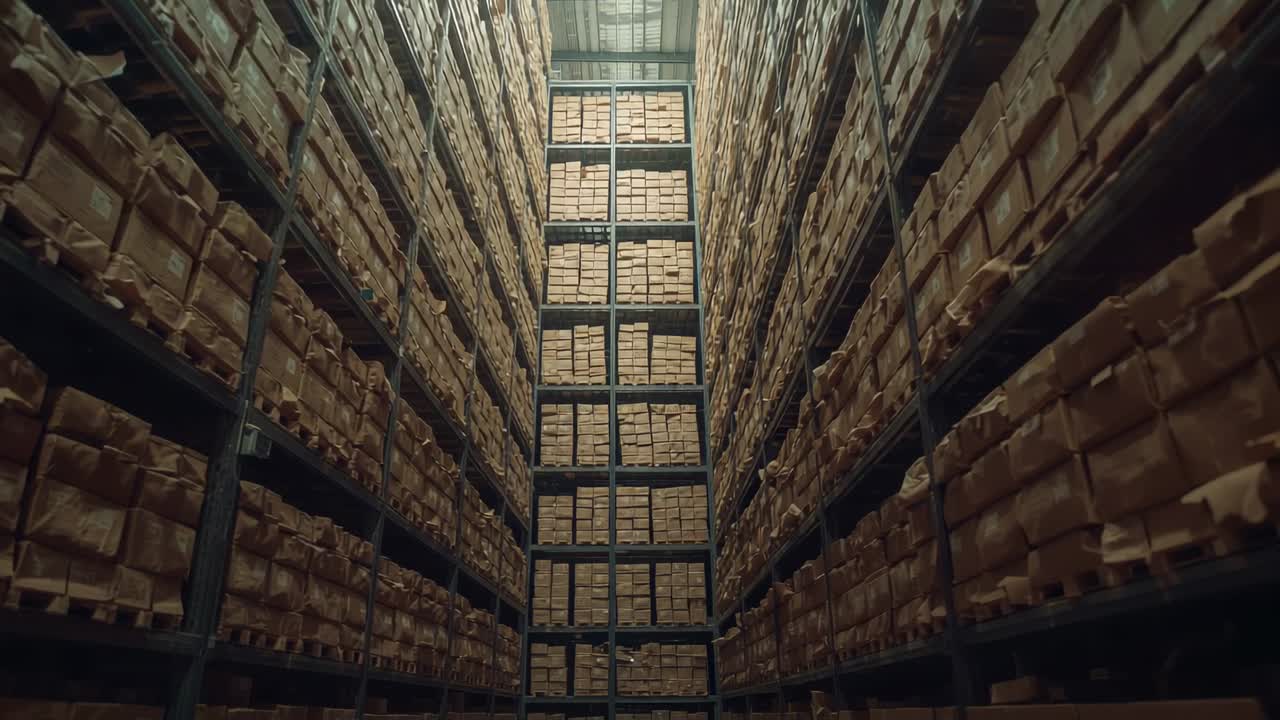 Camera framing metal shelving column filled with cardboard boxes in warehouse aisle with skylight