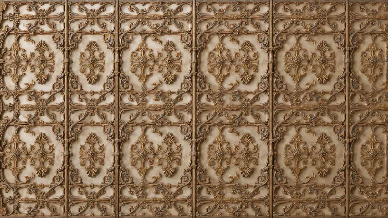 Panning camera revealing embossed metal panels at ceiling to show floral medallions, seams