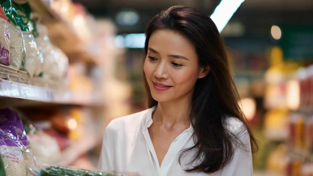 A woman smiles while shopping in a grocery store, engaging with fresh produce and grains on the shelves, enjoying her time finding nutritious ingredients for her next meal preparation