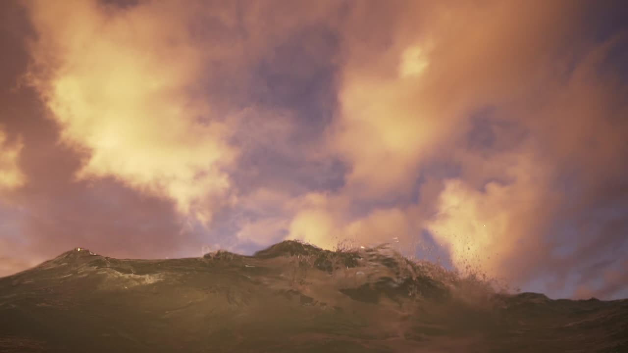 A wave breaking on a sandy beach at sunset in Oahu, Hawaii, with soft golden light