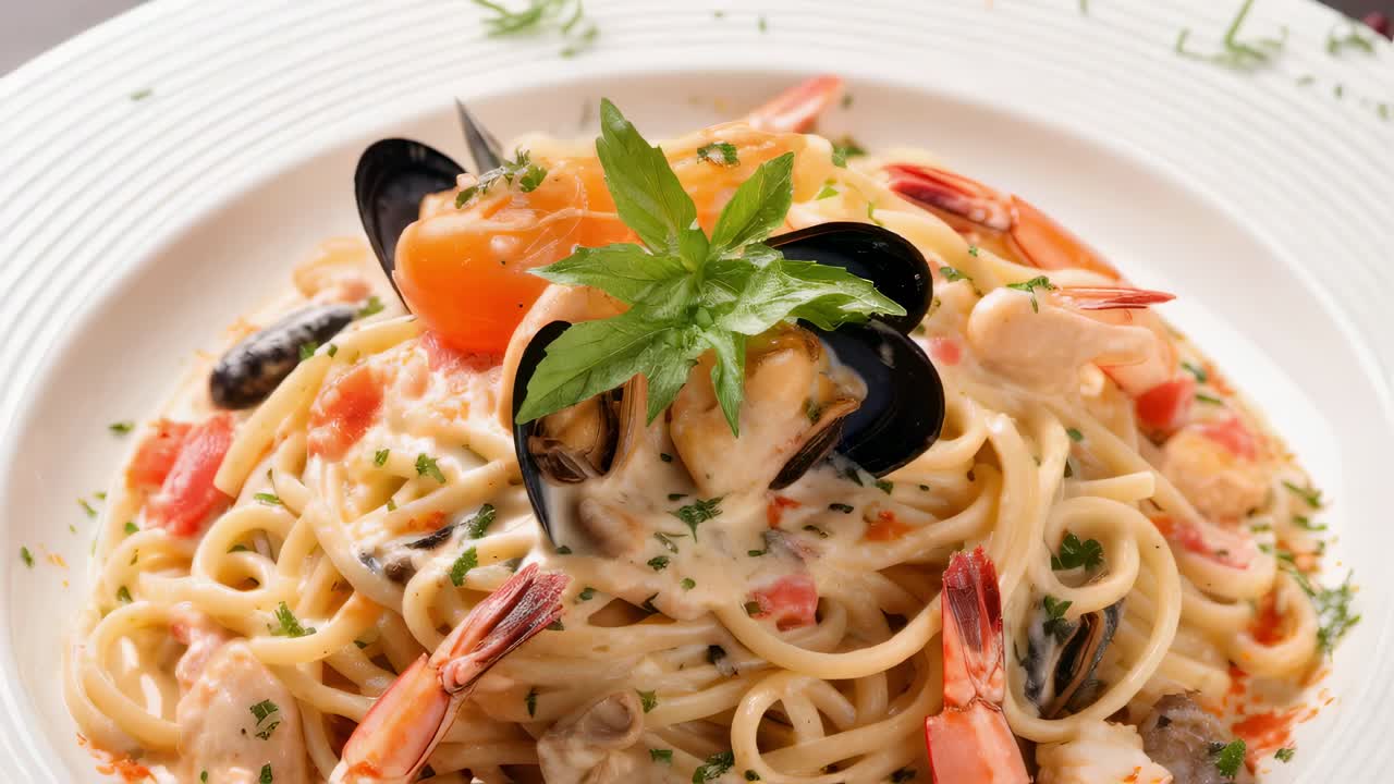 Creamy seafood spaghetti featuring shrimp, mussels, and ripe tomatoes, garnished with fresh basil, beautifully arranged on an elegant white plate, inviting a delightful culinary experience