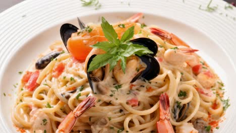 creamy seafood spaghetti featuring shrimp, mussels, and ripe tomatoes, garnished with fresh basil, beautifully arranged on an elegant white plate, inviting a delightful culinary experience