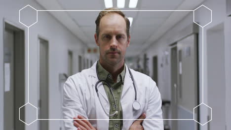 animación de marco blanco sobre médico caucásico en el hospital
