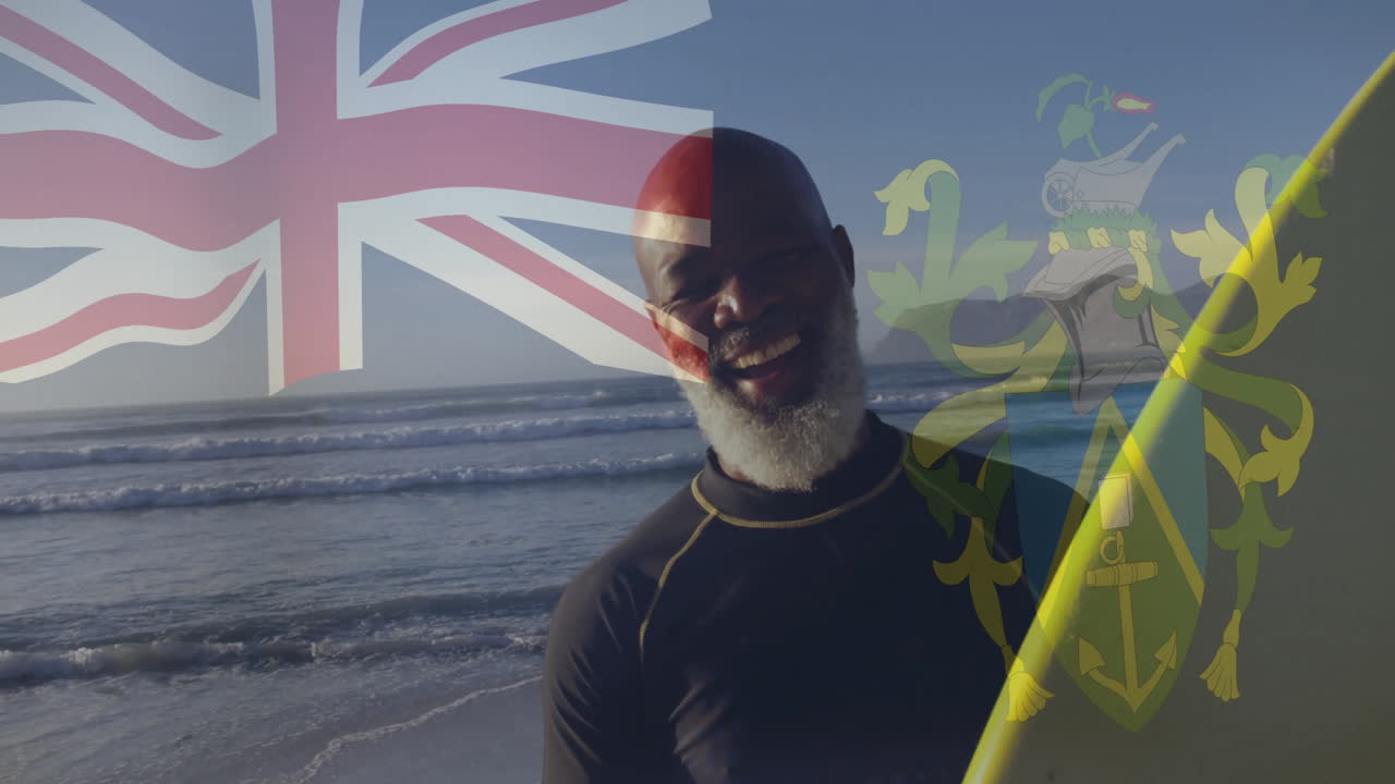 Holding surfboard with Union Jack, smiling man standing on beach with animation