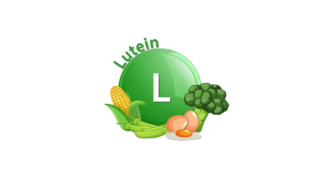 A green lutein vitamin tablet animates in, surrounded by corn, broccoli, peas, and eggs, with smooth transitions and a clean white background