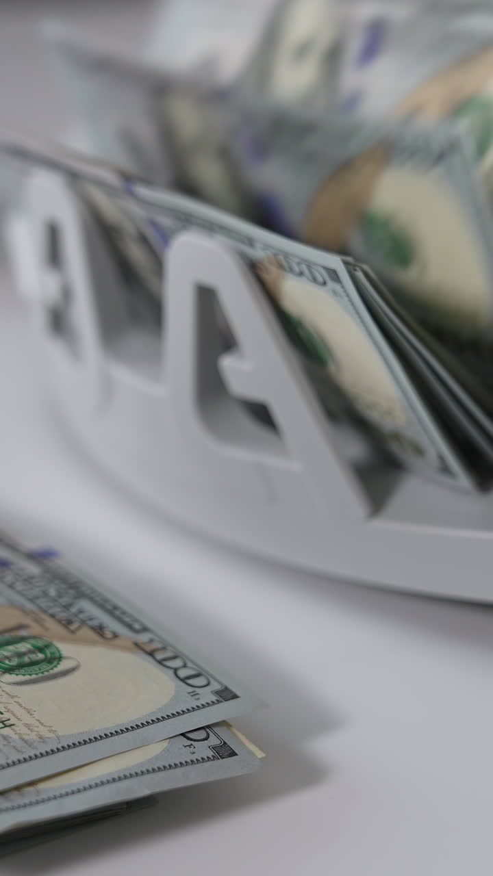 Lots of hundred dollar bills are calculated in the money machine. A wad of American dollars lies in front of equipment. Close up. Blurred backdrop. Vertical video