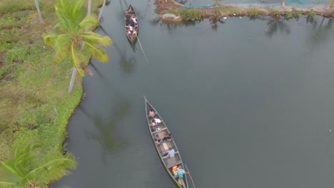 aerial view of tourists with their guide in long boats exploring the narrow canals and waterways of munroe island, india