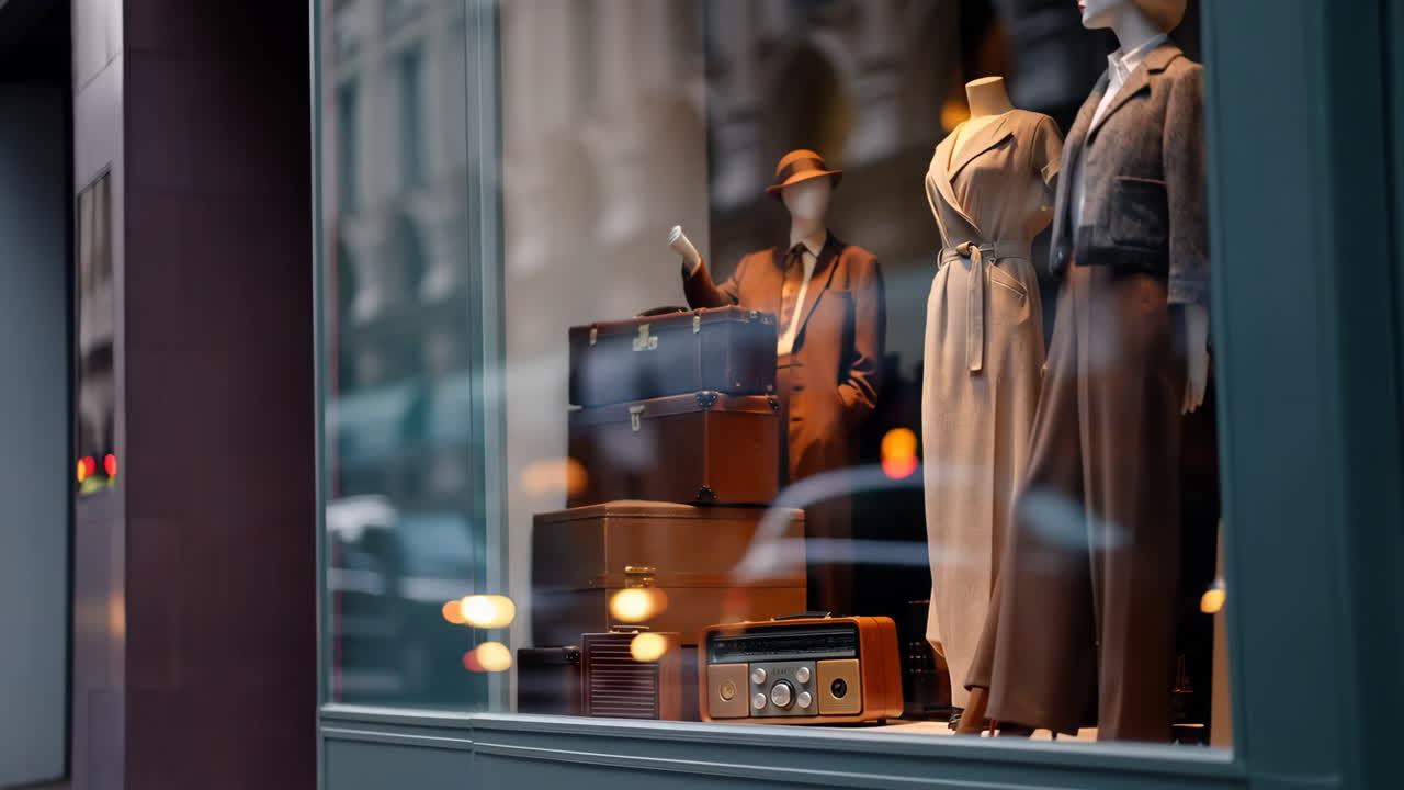 Vintage Style Mannequins and Luggage Display in a Store Window