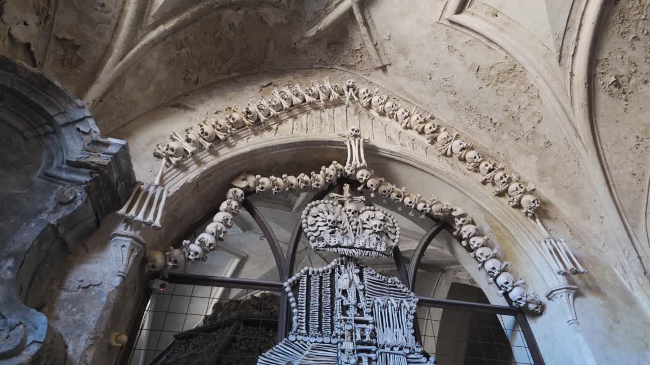 Intricate and historic bone art in the Sedlec Ossuary, also known as the Church of Bones, located in Kutná Hora, Czech Republic.