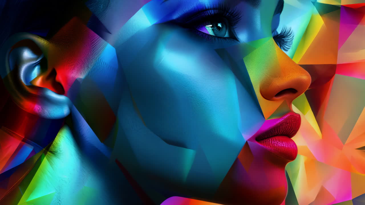 A woman's face is shown in a colorful, abstract style. The colors are bright and vibrant, and the woman's features are emphasized. Concept of energy and creativity, as if the woman is a work of art