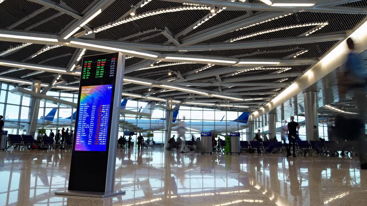 Low-angle video of a modern airport terminal, capturing blurred motion of travelers and a digital