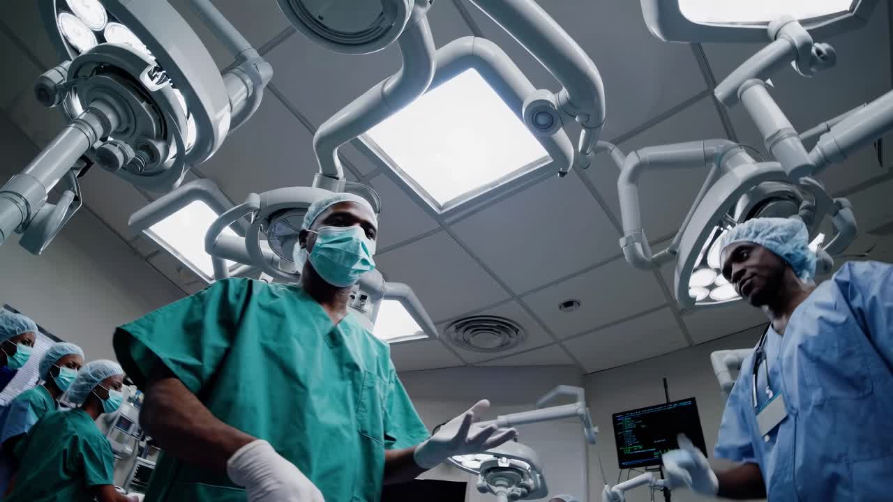 A low-angle video shot of surgeons in a modern operating room, emphasizing teamwork and advanced