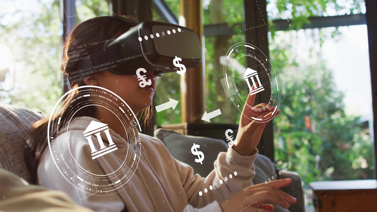 Girl wearing VR headset reaching, tapping, exploring finance UI appearing, moving currency symbols