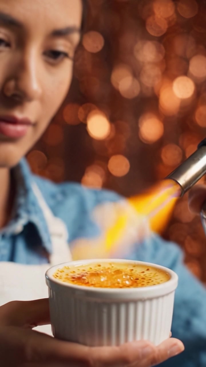 Creación de postre artesanal: Un chef flameando la superficie de una crema pastelera en un acogedor ambiente de cocina con un cálido telón de fondo de luces suaves