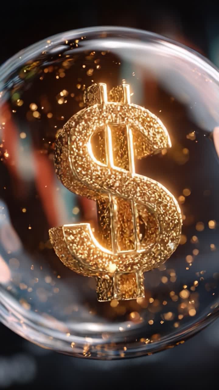 Uno Sguardo Accattivante sulla Ricchezza: Segno del Dollaro Dorato Racchiuso in una Bolla Scintillante, che Simboleggia Prosperità, Lusso e Dinamiche Economiche in una Coinvolgente Rappresentazione Visiva
