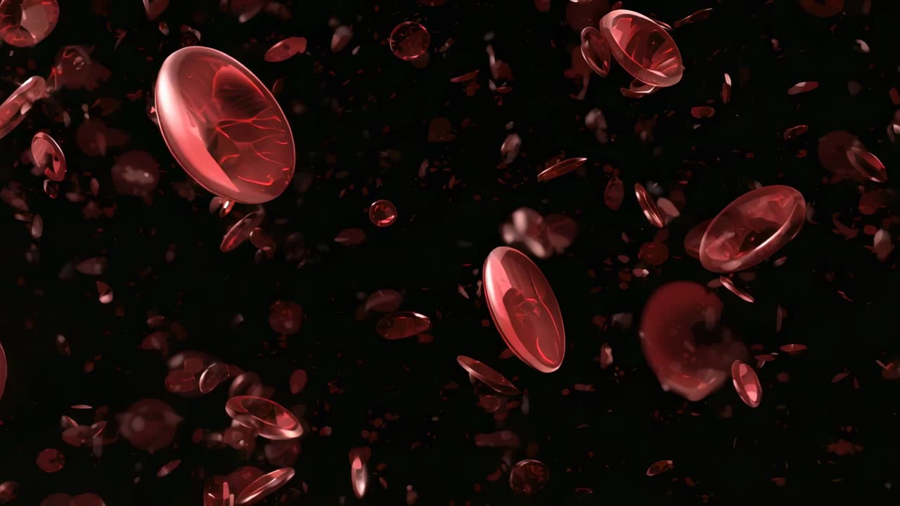 Drifting red biconcave discs moving through dark channel, triggered by fluid current, droplets