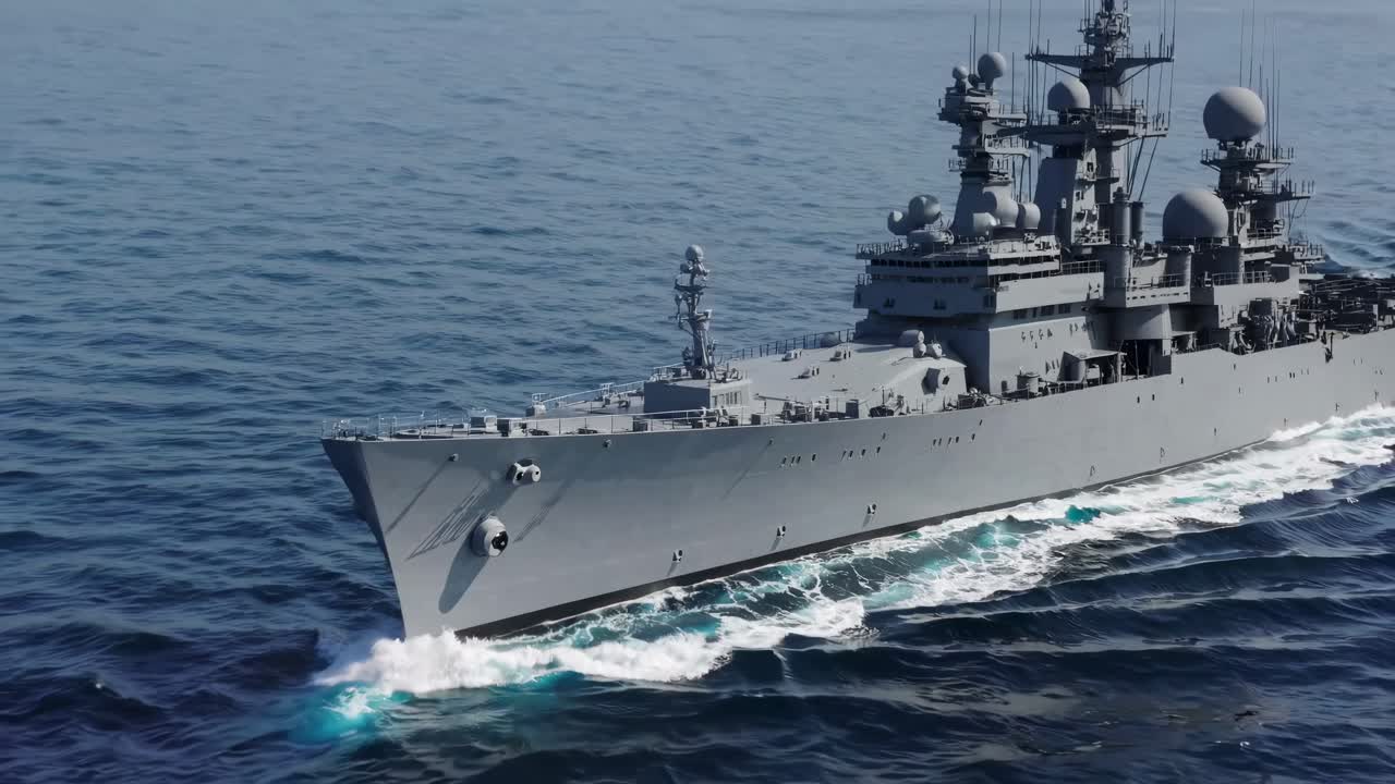 Aerial video captures a battleship cutting through ocean waves, showcasing its imposing structure