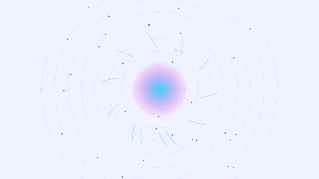 Grafica in movimento astratta di luce pulsante e particelle in orbita
