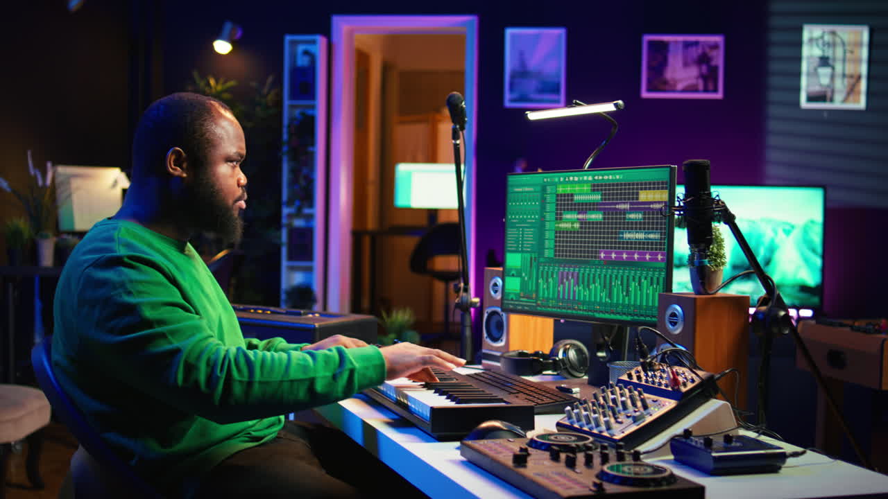 ingeniero de sonido presionando las teclas del sintetizador electrónico y componiendo una nueva canción