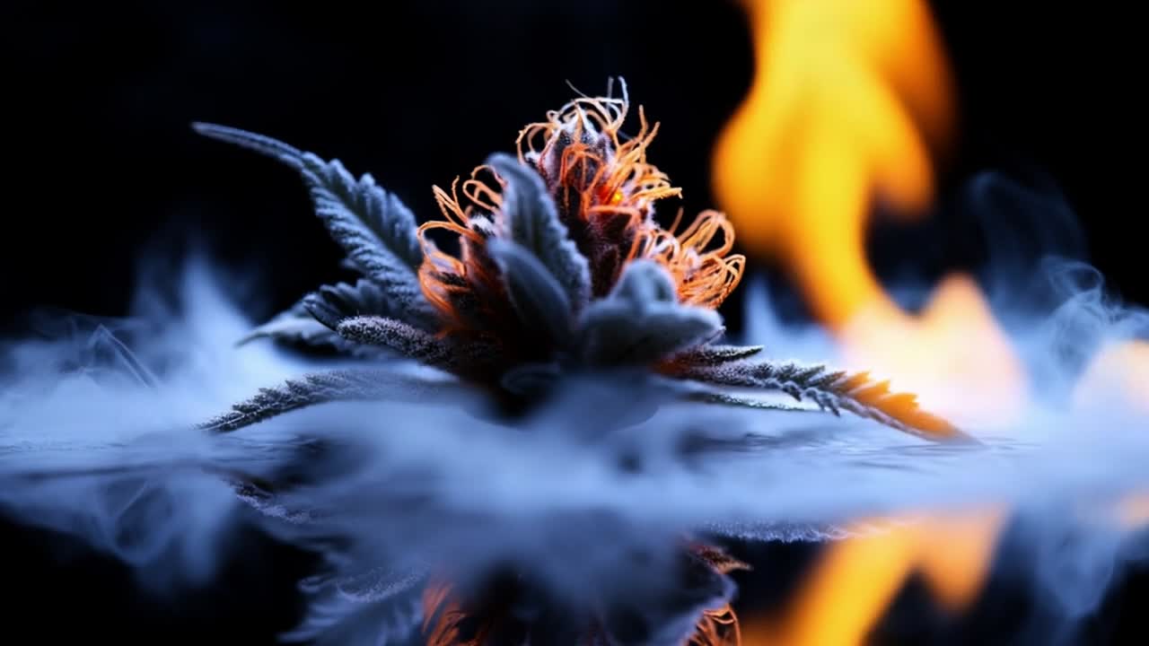 Cannabis flower with glow background. A vivid cannabis flower displays vibrant colors against a dark backdrop, illuminated by soft, warm light.