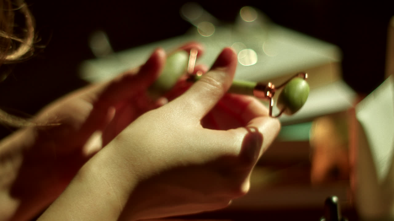 얼굴 마사지를 위해 재드 롤러를 사용하는 여성