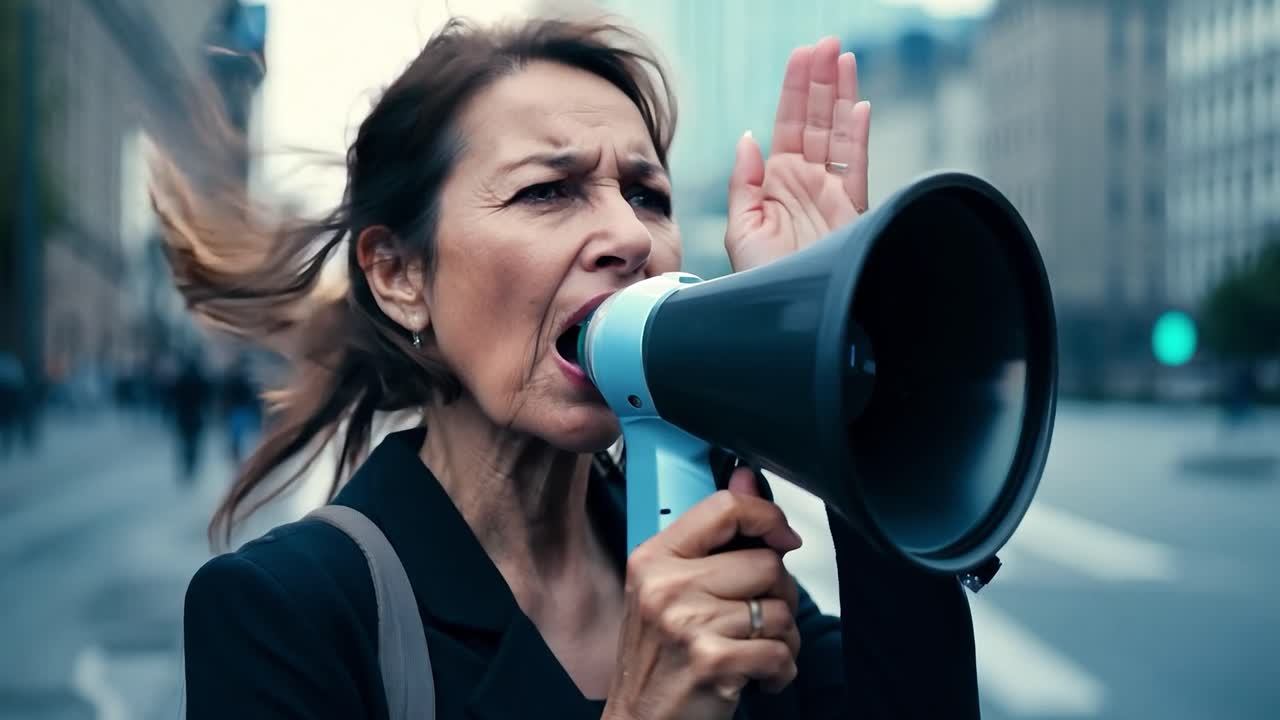 mujer protestando con un megáfono en una calle de la ciudad