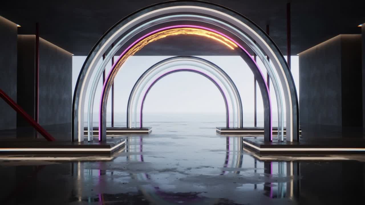 Vertikal video: Gnister starter bånd, der tegner buer, snoer sig på gulvet og viser arkitektur.