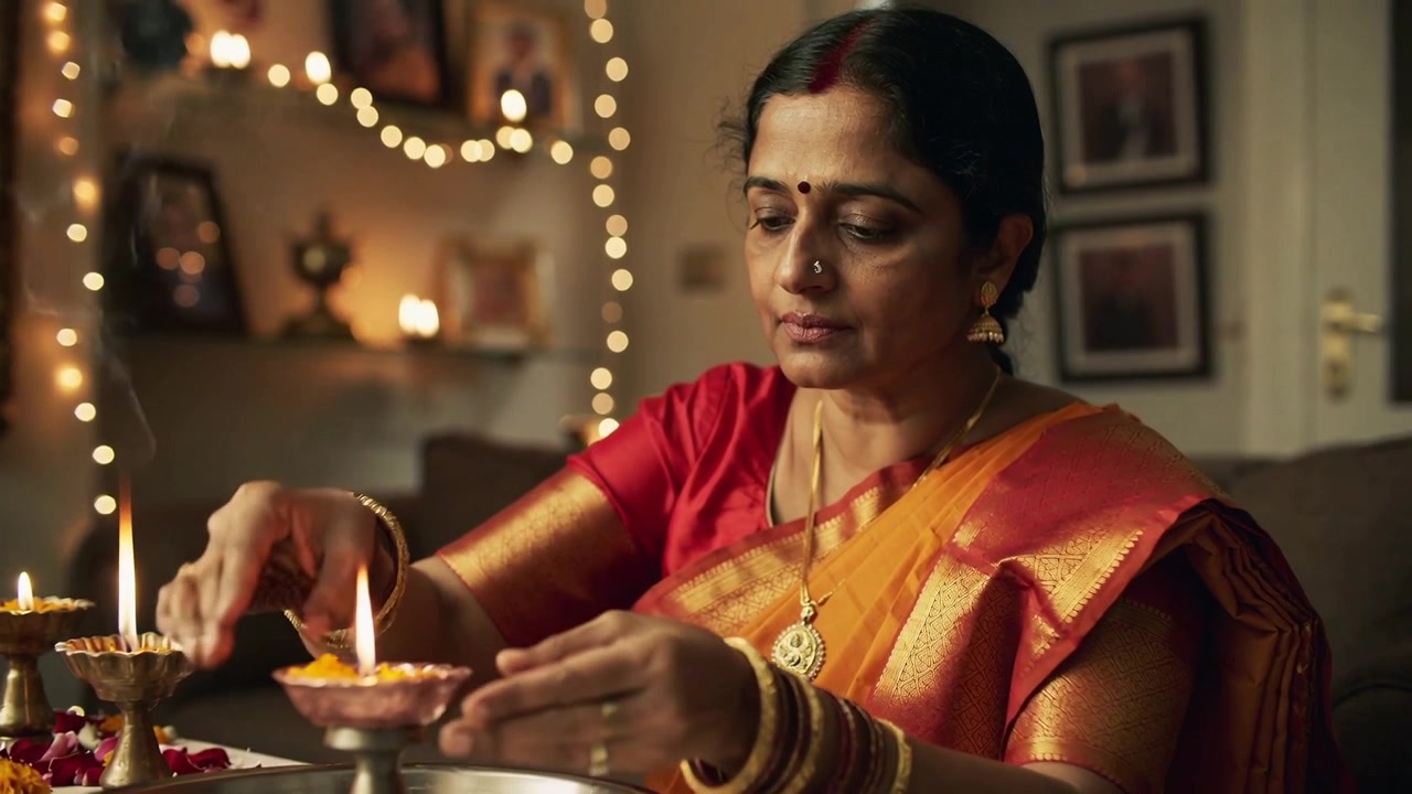 Donna indiana in sari che individua un diya spento, lo accende e lo posiziona su un thali di calendule a casa per un rituale