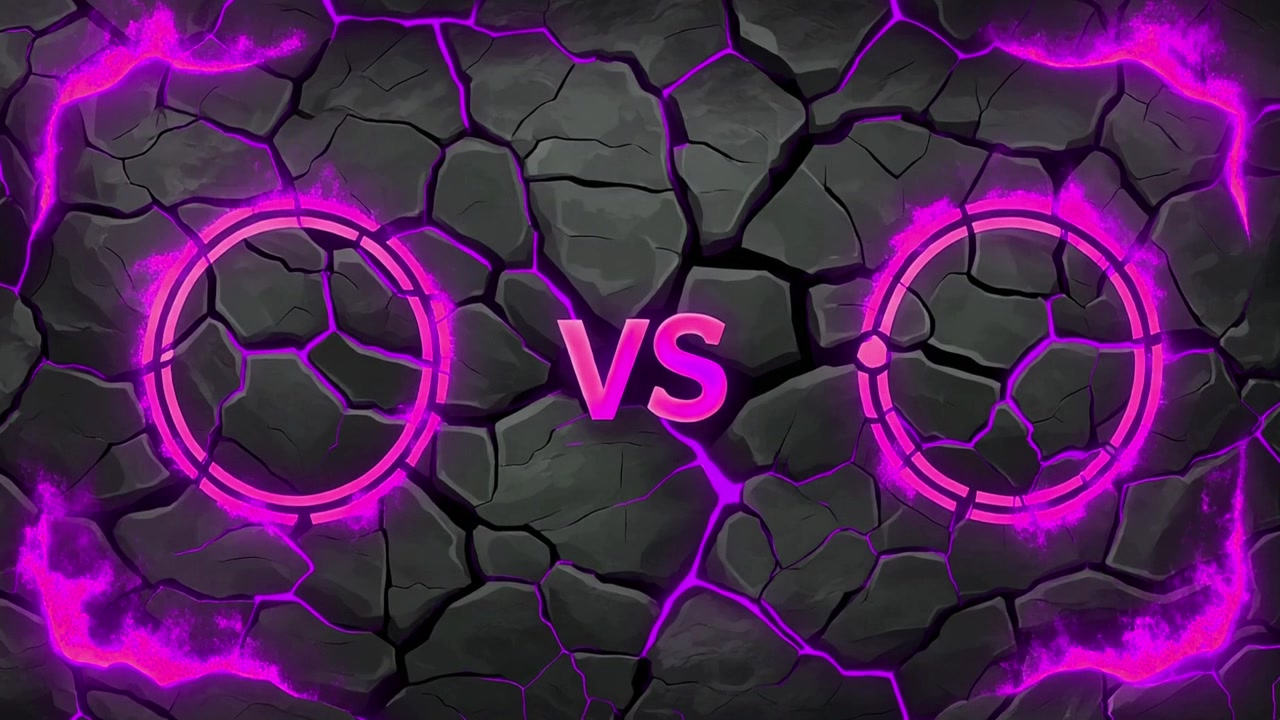 Versus Screen with Glowing Neon Pink Circles on Cracked Dark Background