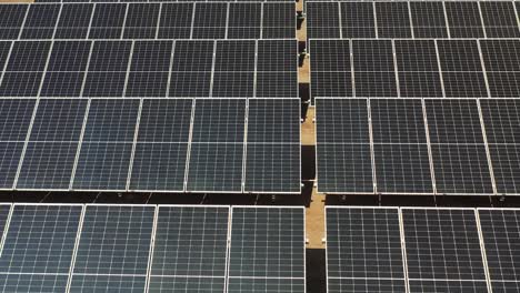 aerial close up view of solar panels in photovoltaic farm. solar power plant with sun reflected.4k video