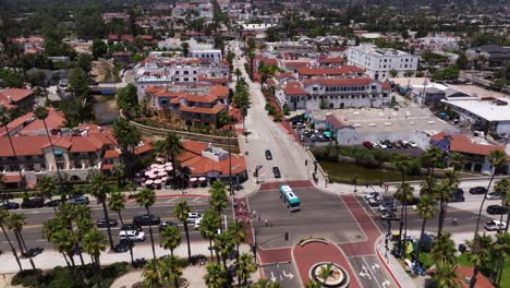 Amazing-Aerial-View-Above-State-Street-in-Downtown-Santa-Barbara,-California