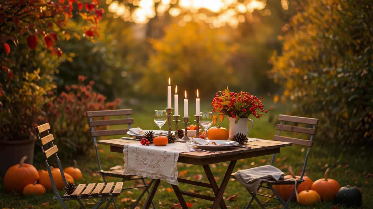 Autumn Outdoor Dinner Setting with Pumpkins and Candles