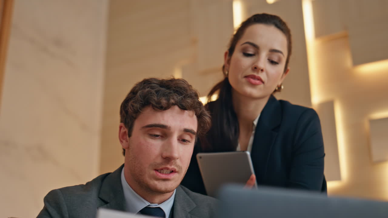 Formal manager talking videocall work online in office closeup. . Team working