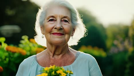 elderly woman wearing a light blue shirt holds yellow flowers while smiling in a vibrant garden setting