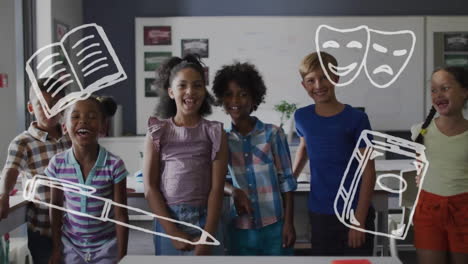 animación de iconos escolares sobre diversos escolares en el aula