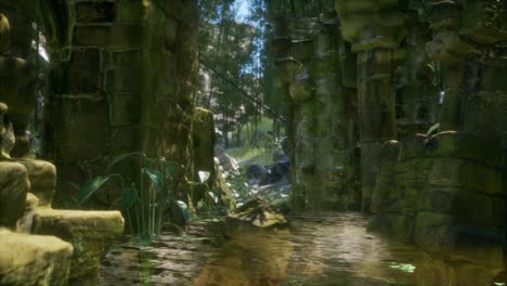 casa de piedra antigua en ruinas cubierta de plantas y helechos en un denso bosque verde