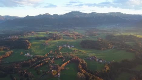 Drone-shot-of-Bavarian-landscapes-towards-Kampenwand-in-autumn-season