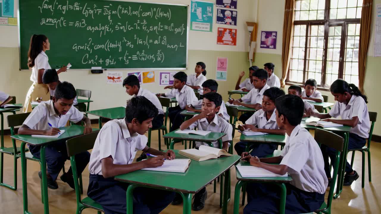 A classroom scene captured from a side angle, showing students engaged ...
