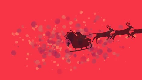 Purple-spots-of-light-over-santa-claus-in-sleigh-being-pulled-by-reindeers-on-red-background