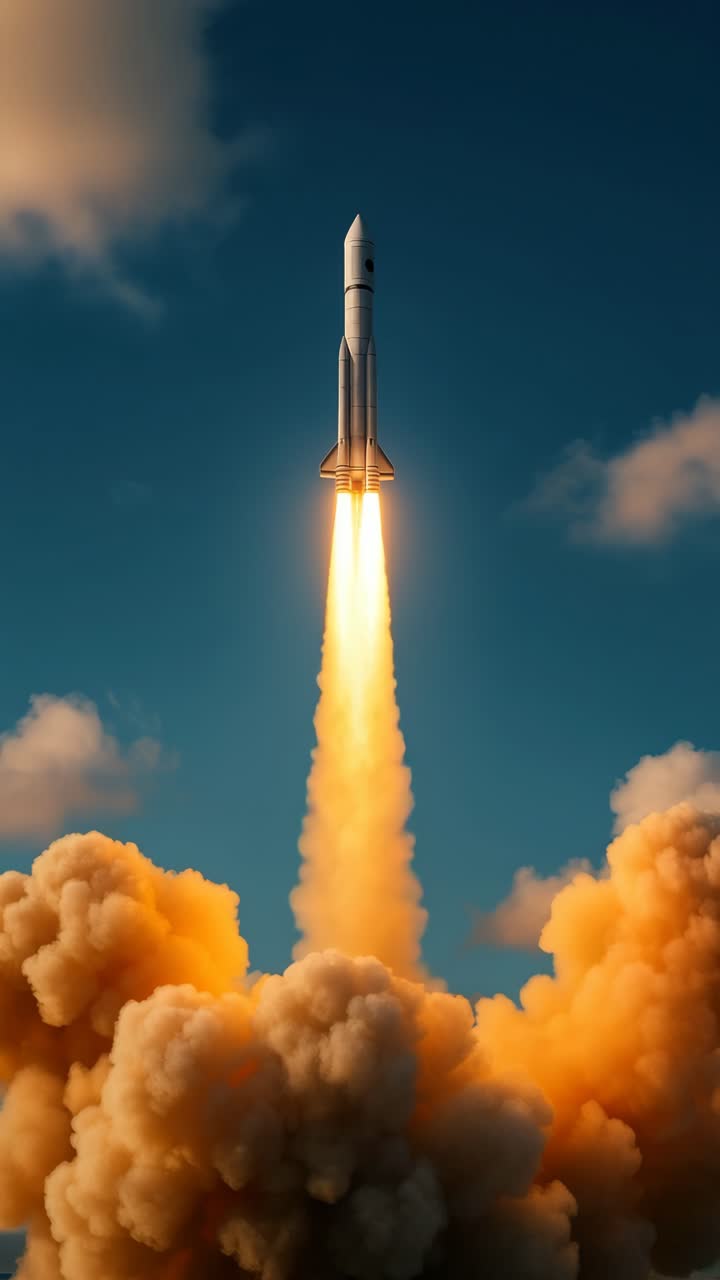 A dramatic low-angle video shot of a rocket launching, with fiery exhaust and billowing clouds, set