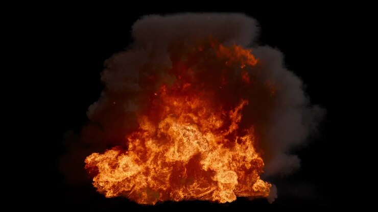 Small fire ignites quickly and expands into a large, intense blaze. Thick, dark smoke billows upwards as vibrant flames rapidly spread. Dynamic element with alpha channel for easy compositing.