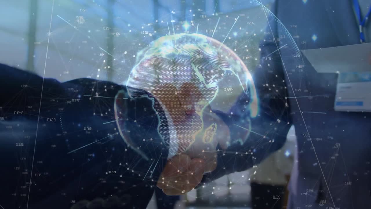 animación de conexiones y globo sobre las manos de los empresarios caucásicos que se dan la mano