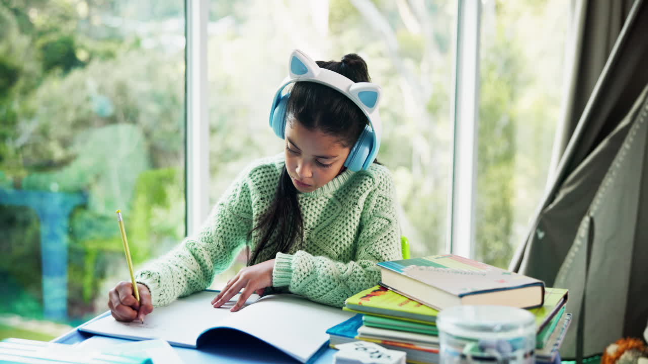 Girl studying at home with headphones