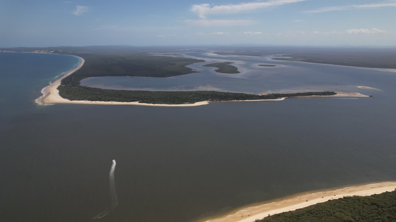 Aerial View Of Inskip Point At The Entrance Of Great Sandy Strait River In Inskip, QLD, Australia.