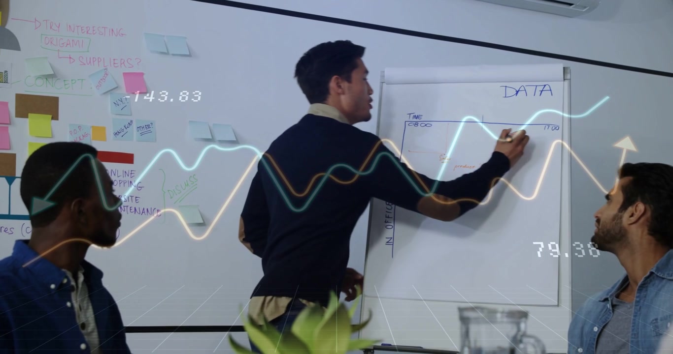 Vertical video: Presenter drawing trend on chart after raised hand, illustrating data with overlays