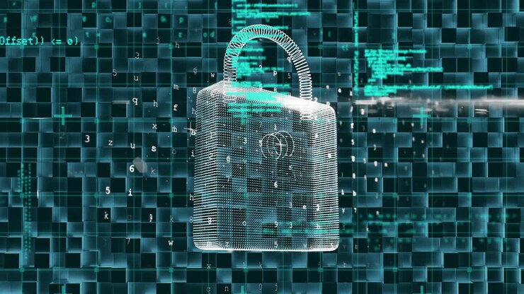 Digital animation of neon security padlock icon and data processing on blue textured background