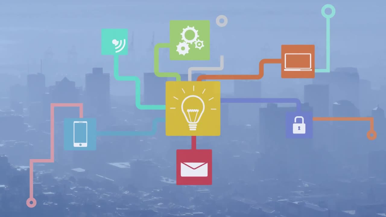 디지털 아이콘의 네트워크의 애니메이션 도시 풍경의 공중 뷰에 대하여