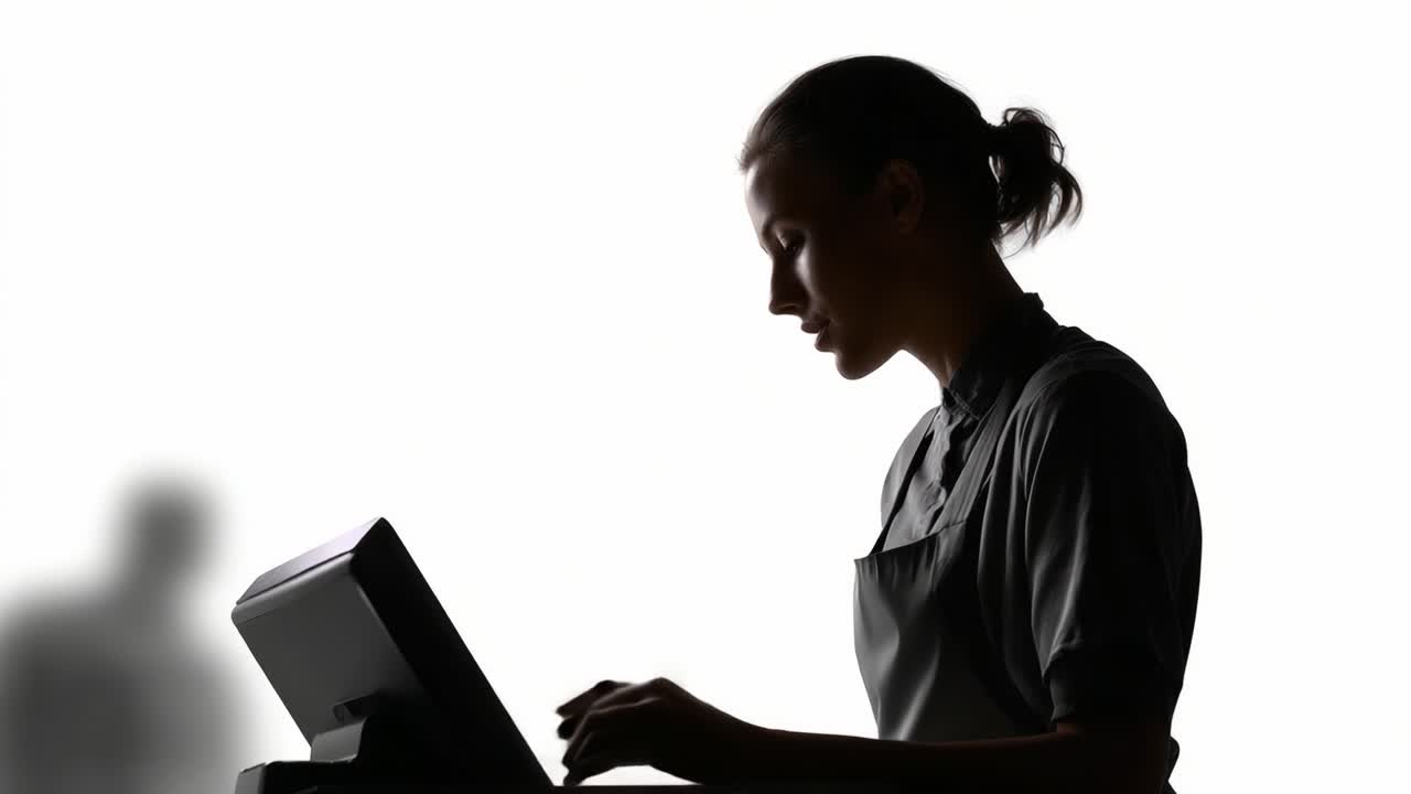 Silhouette of a Person Interacting with a Point of Sale System in a Minimalistic Setting with a Focus on Technology and Human Interaction